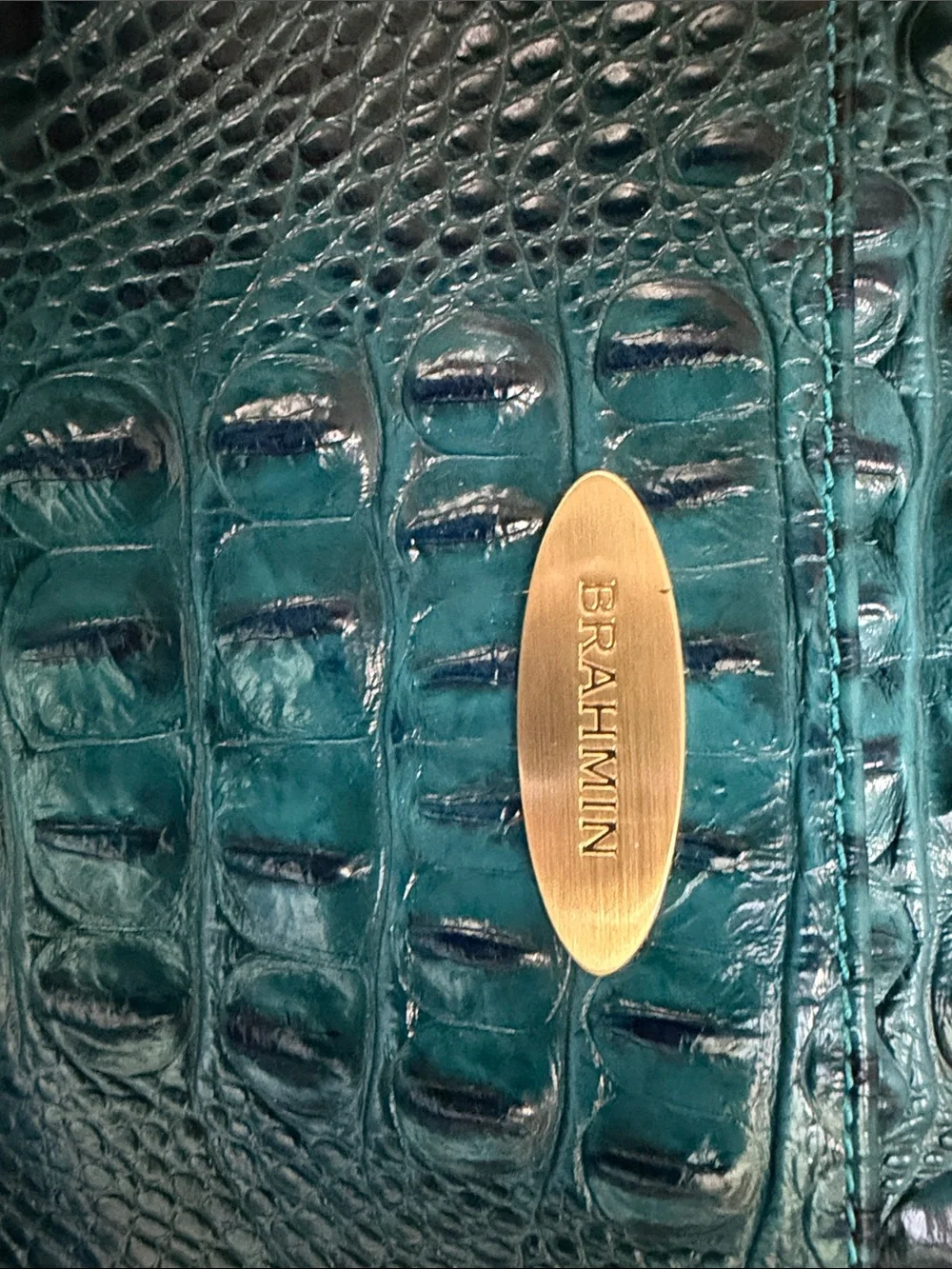 Brahmin Teal Croc-Embossed Shoulder Tote with Gold Accents
